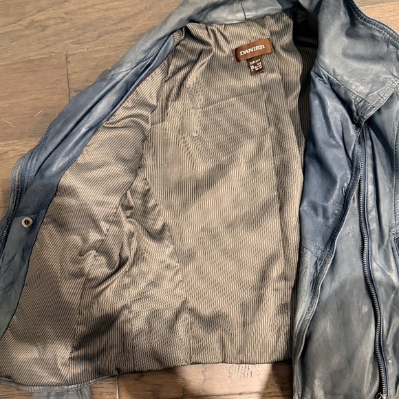 Danier Blue-Grey Genuine Leather Moto Jacket 2XS Asymmetric Zip, High Collar - Picture 11 of 16